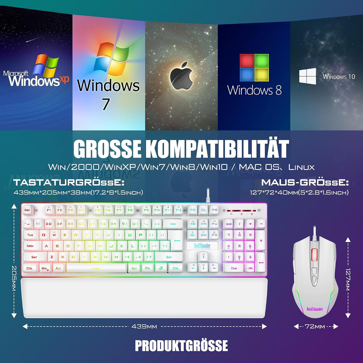 RedThunder K10 Gaming Tastatur und Maus Set, QWERTZ DE-Layout, Metallplatte und Handballenauflager，RGB-Hintergrundbeleuchtung - und 7D mit Ergonomische - für PC Mac Gamer(Weiß)