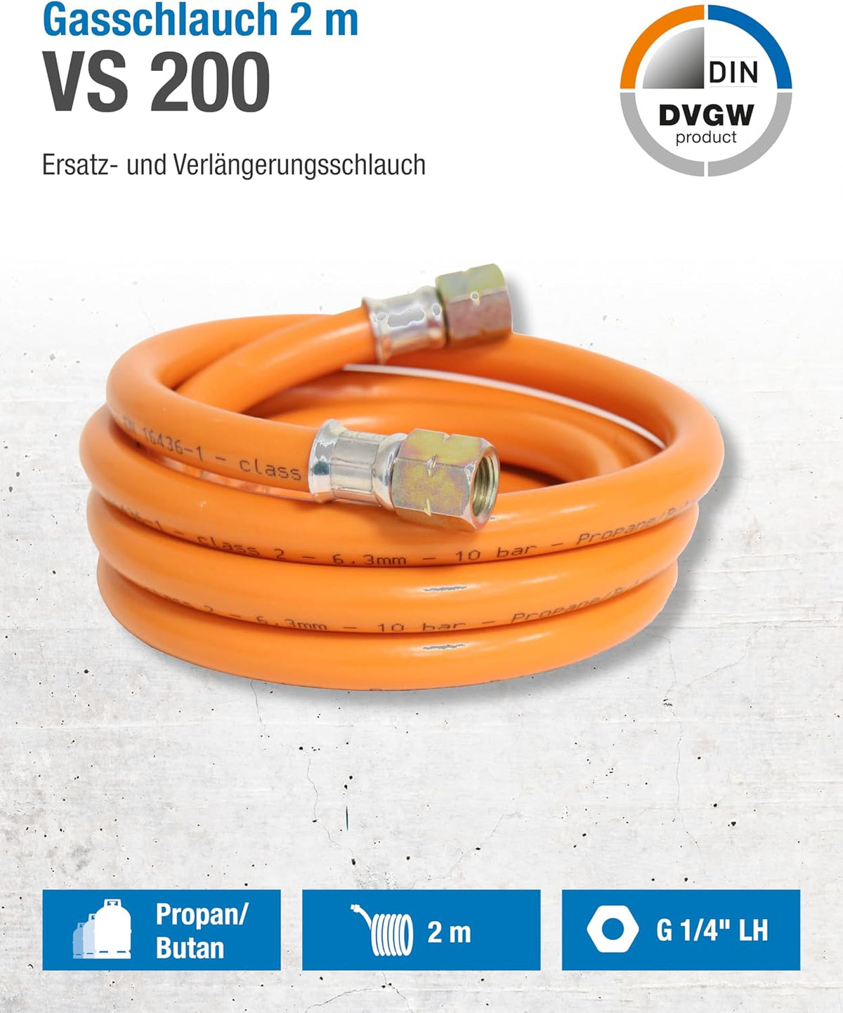 CFH Gasschlauch VS 200, 2 m Propangasschlauch, G 1/4" LH beidseitig