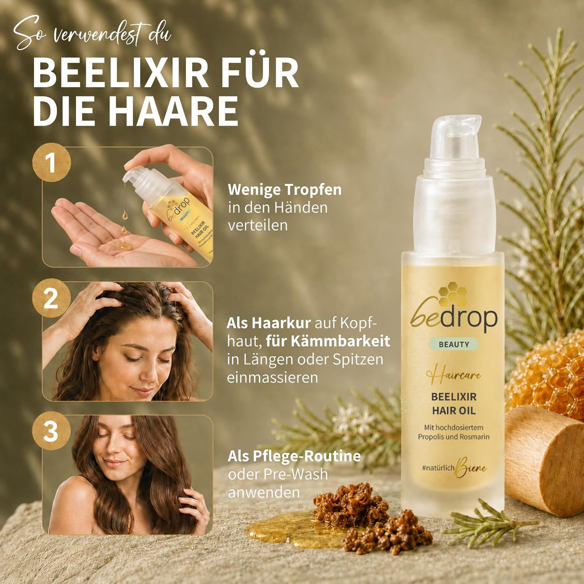 bedrop Beelixir Haaröl bei Haarausfall - Für Haarwachstum & als stärkende Pflege für Haare und Kopfhaut | mit Manuka Honig, Propolis, Rosmarin Extrakt - 30ml (3er Pack)