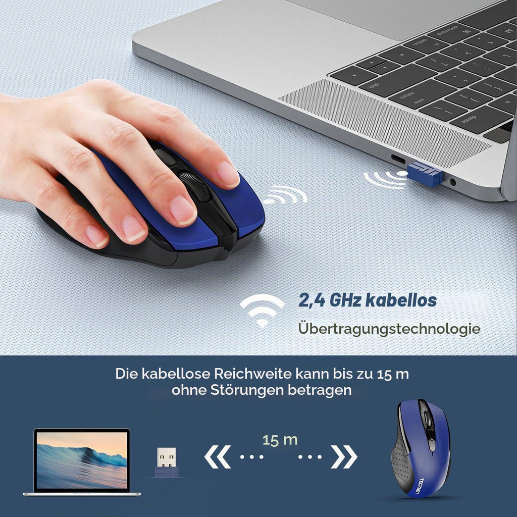 TECKNET Kabellose Maus, 2.4G Optische Funkmaus mit USB Empfänger, Grau