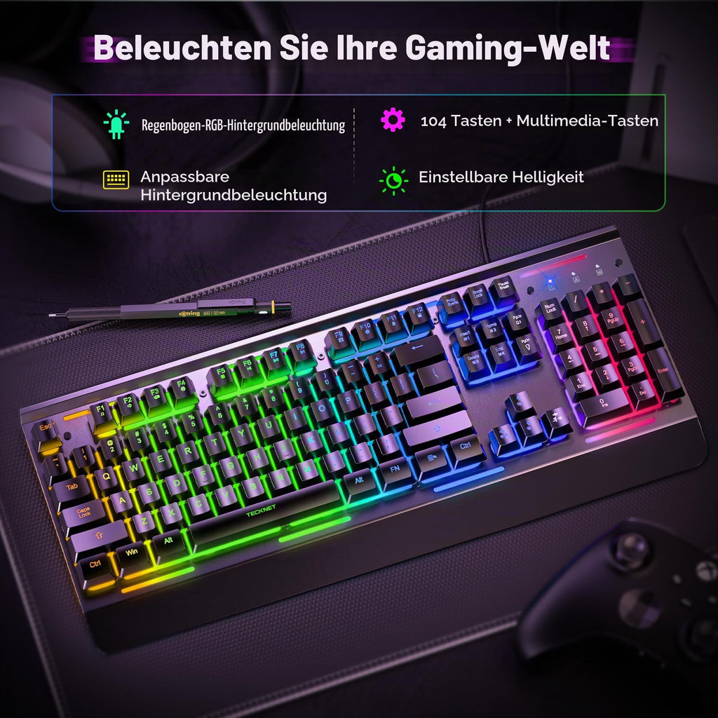 TECKNET Gaming Tastatur 105 Tasten Membrantastatur mit Vollmetall-Gehäuse