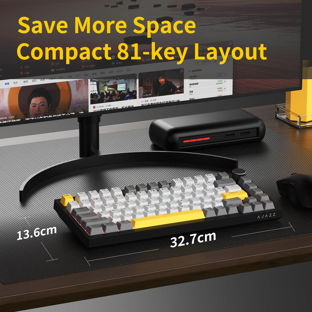 AJAZZ AK820 Mechanical Keyboard, 75% Hot Swappable Wired Keyboard with Volume Control Knob, QWERTY Layout, PBT Keycaps, Five-Layer Sound Insulation Pad, 82-Key Gaming Keyboard, Grey White