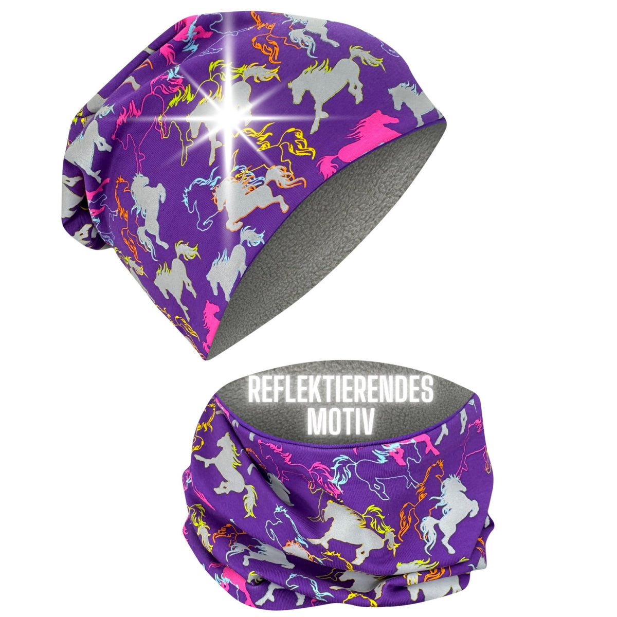 HECKBO 360° Reflektor Kinder Mütze & Loop Schal Set - 95% Baumwolle - weiches & pflegeleichtes Stretch-Material - Beanie Frühling Herbst Winter (48-54 cm)