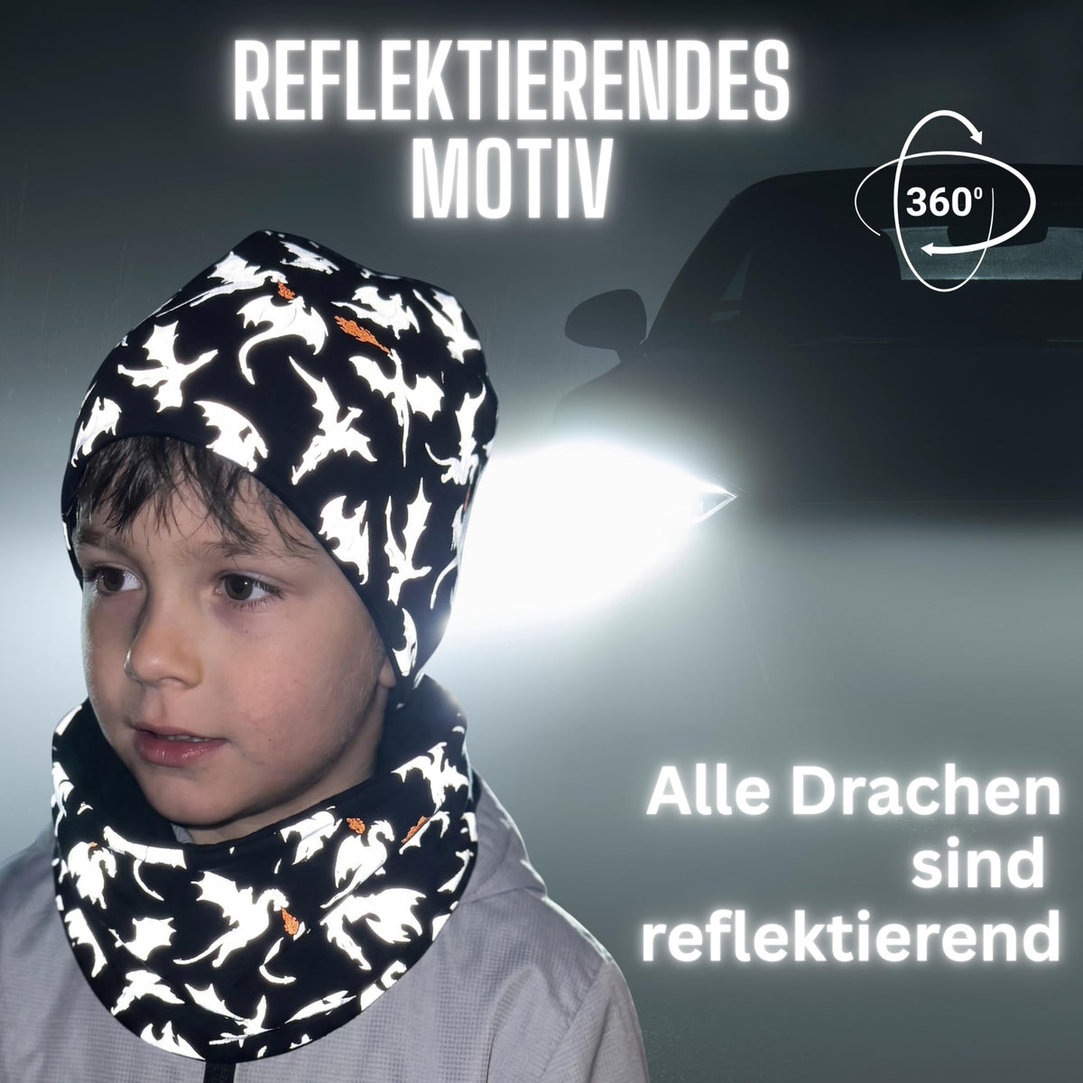 HECKBO 360° Reflektor Kinder Mütze & Loop Schal Set - 95% Baumwolle - weiches & pflegeleichtes Stretch-Material - Beanie Frühling Herbst Winter (48-54 cm)