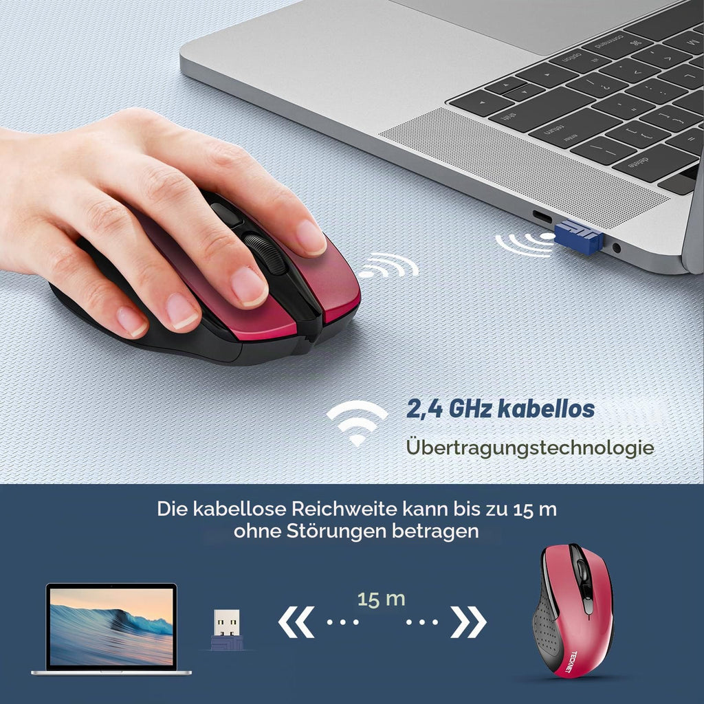 TECKNET Kabellose Maus, 2.4G Optische Funkmaus mit USB Empfänger, Grau