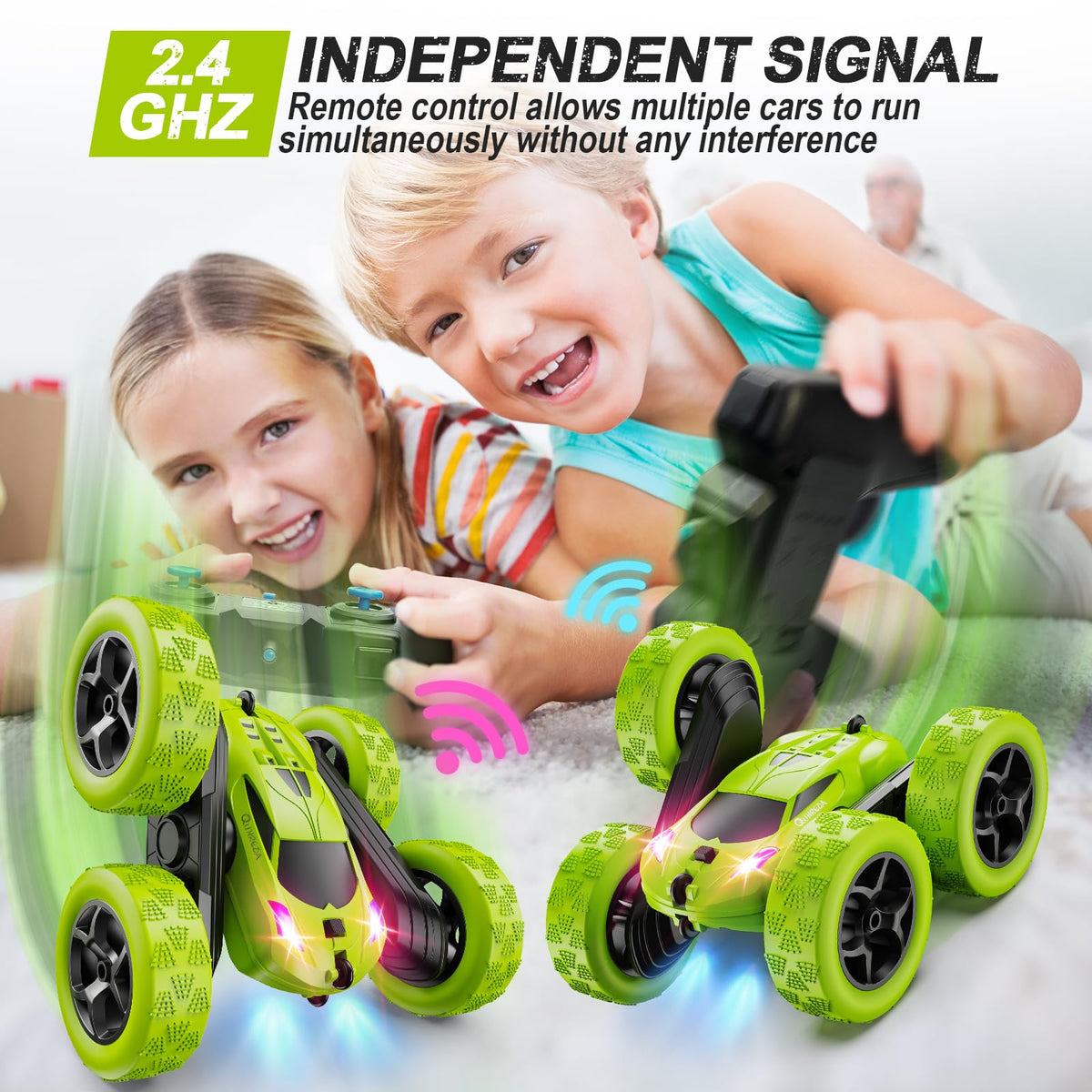 QUNREDA Remote Control Car, RC Cars Toys for Kids Ages 6-12, 4WD Stunt Car with LED Lights & 360° Flips, 2.4GHz, Upgraded USB-C Modular Batteries, 8-10 Year Old Boys Birthday Gift 1-Blue