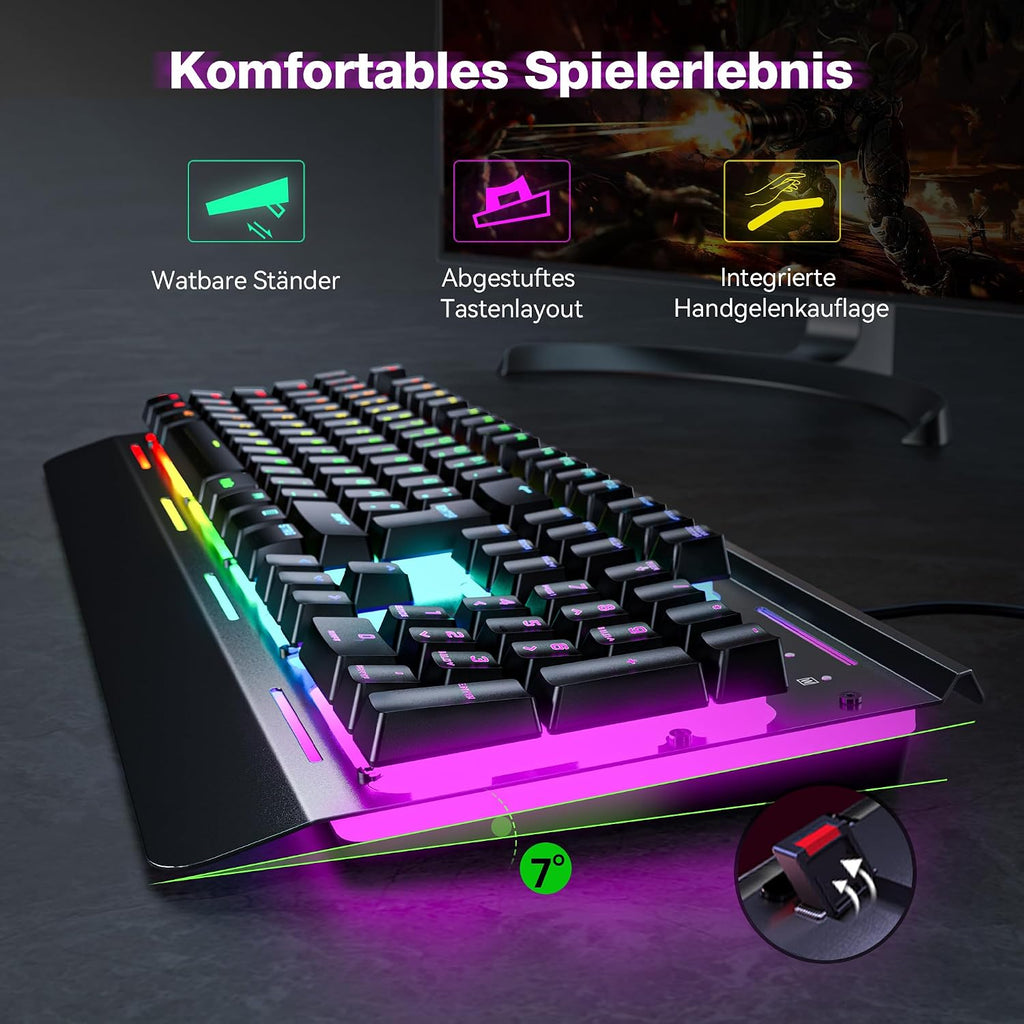 TECKNET Gaming Tastatur 105 Tasten Membrantastatur mit Vollmetall-Gehäuse