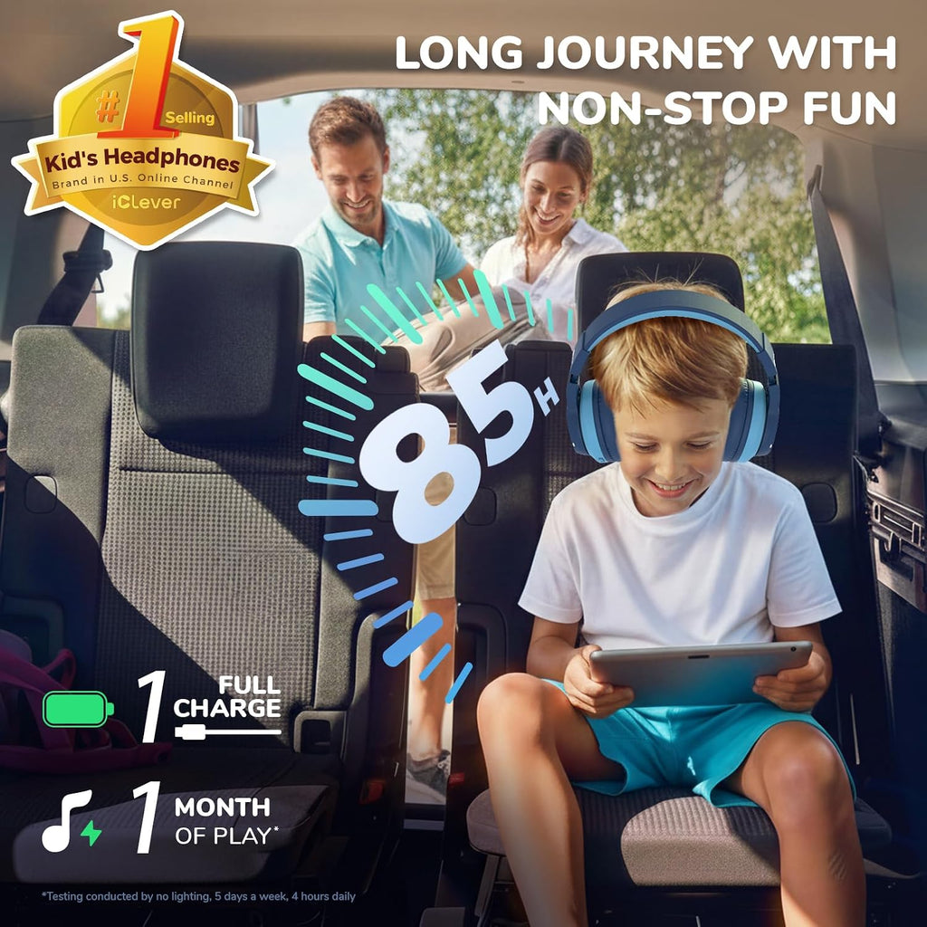 iClever BTH12 Bluetooth-Kopfhörer für Kinder mit LED-Beleuchtung, 85 Stunden Wiedergabezeit, ideal für Reisen