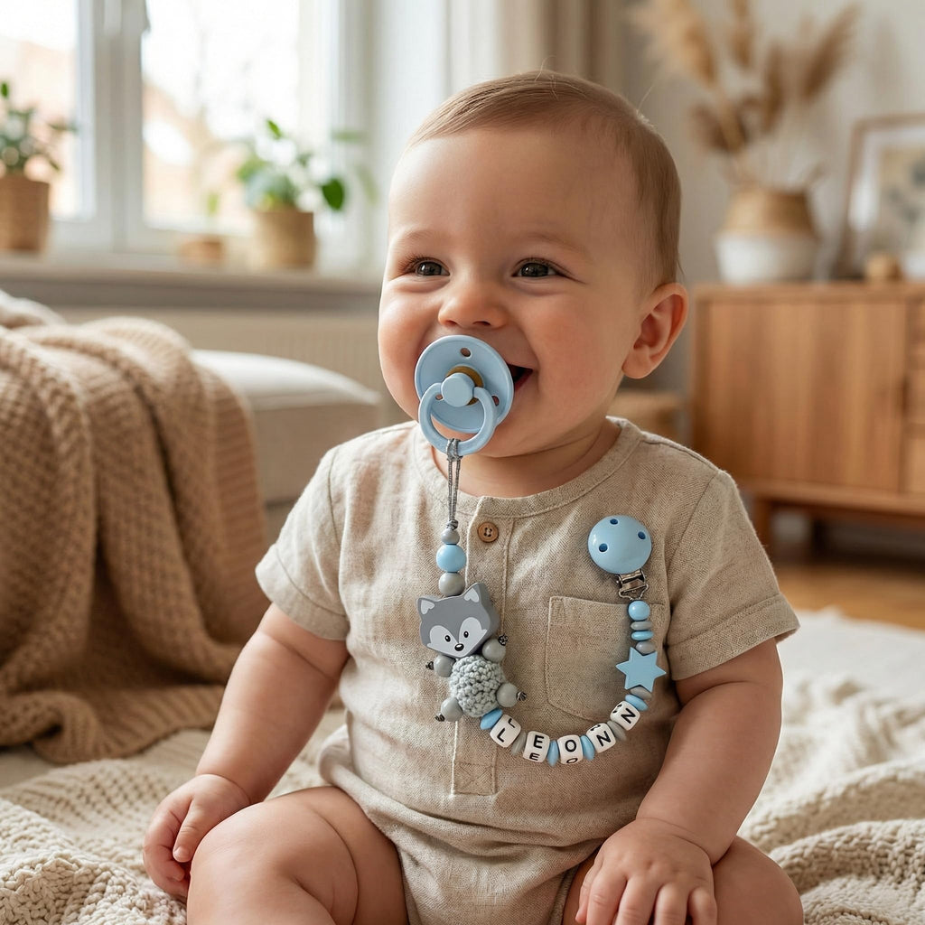 Schnullerband mit Namen für Mädchen & Jungen personalisierte Baby Geschenke (REH Herzchen)