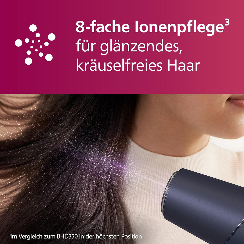 Philips Haartrockner 5000 Series, ThermoShield Technologie, Ionisierungsfunktion, 2.300 W, Metallic-Blau, mit 9-mm- und 11-mm-Stylingdüse, Volumendiffusor, BHD510/20