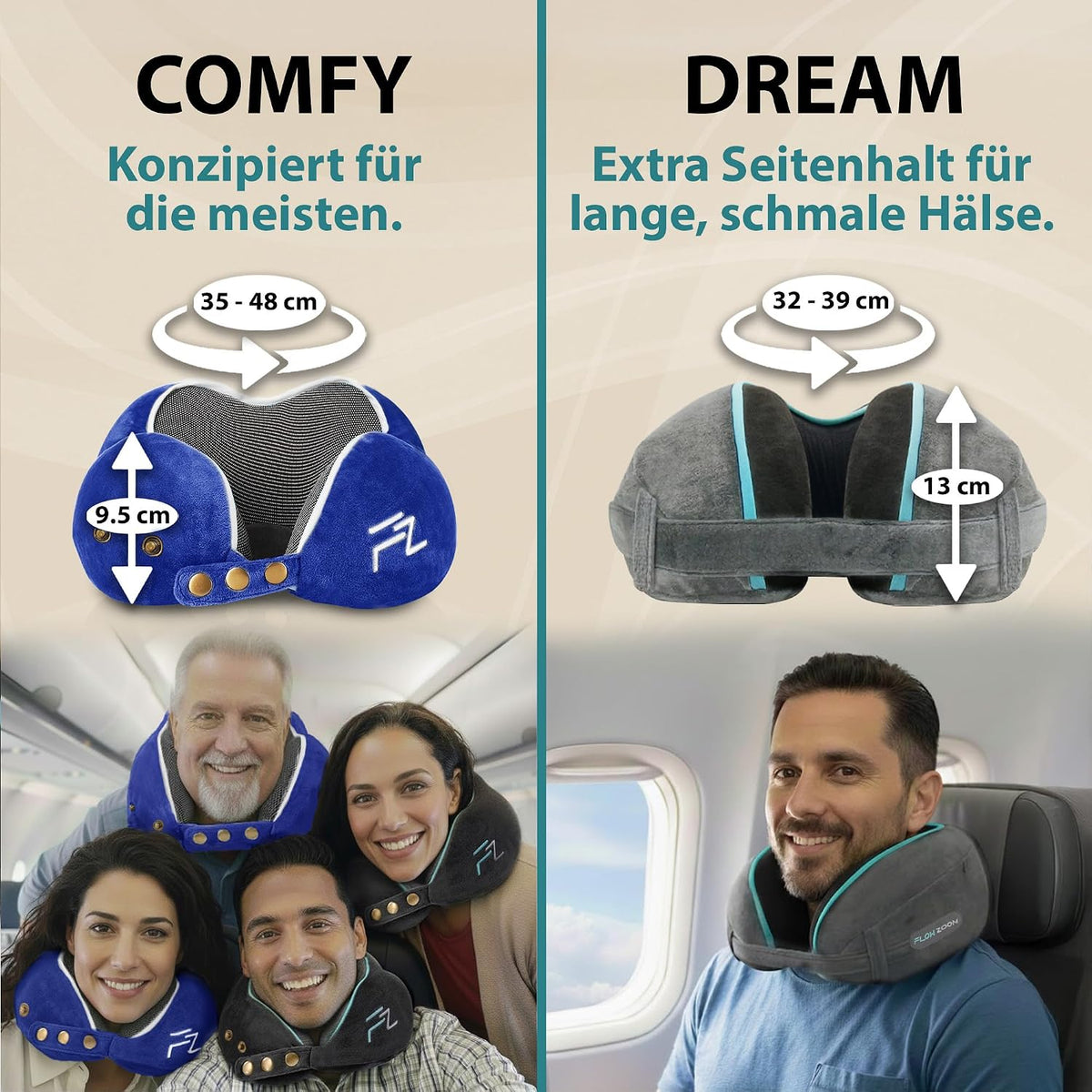 FLOWZOOM Comfy Nackenkissen Flugzeug & Auto mit Kapuze - Einstellbares Memory Foam Reisekissen mit Druckknöpfen für 360° Stütze, weicher Bezug - inkl. Transportbeutel - Grau