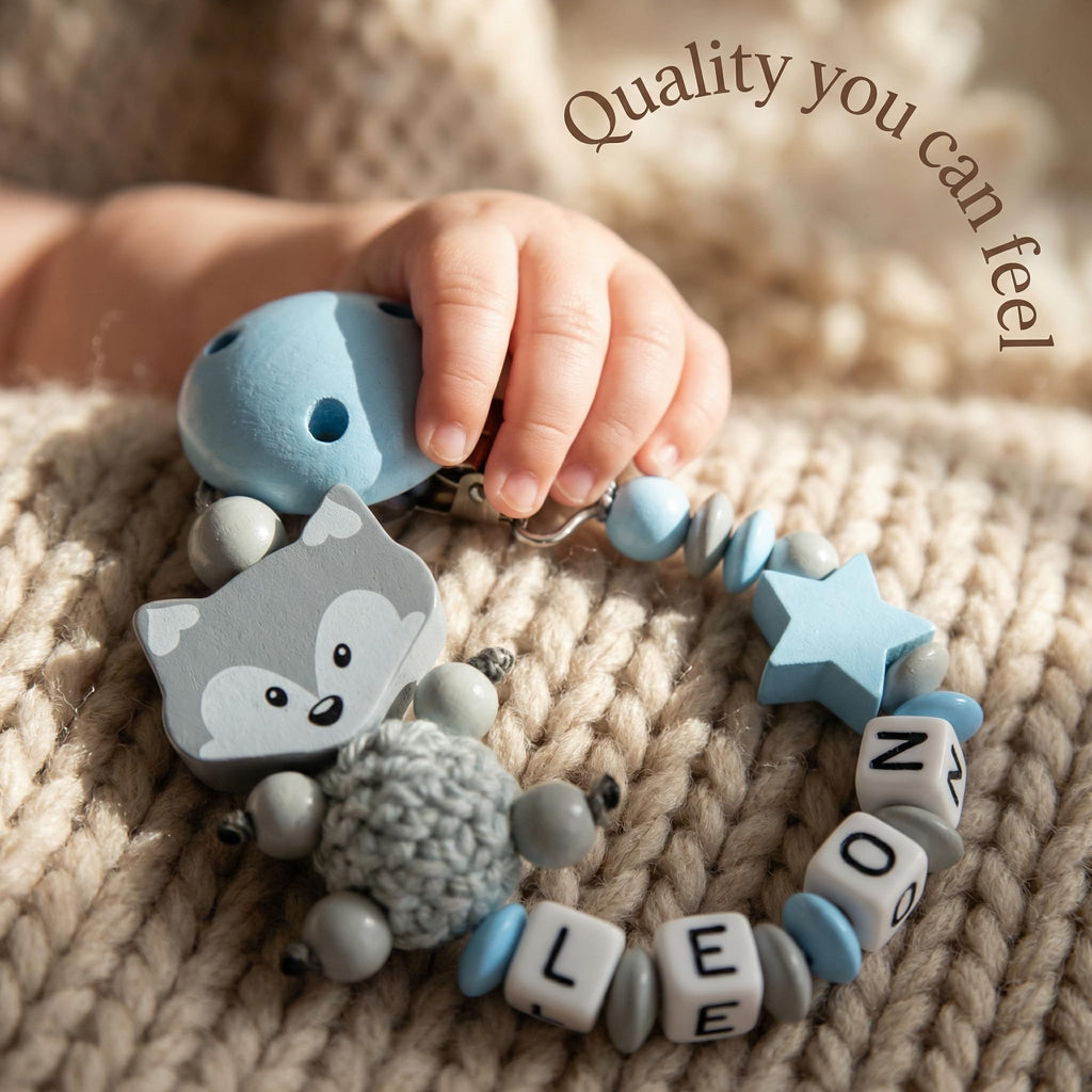 Schnullerband mit Namen für Mädchen & Jungen personalisierte Baby Geschenke (REH Herzchen)