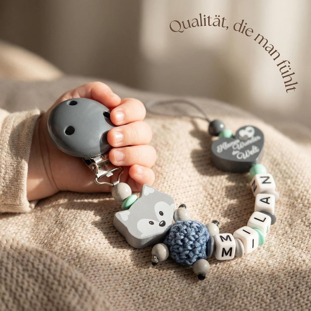 Schnullerband mit Namen für Mädchen & Jungen personalisierte Baby Geschenke (REH Herzchen)