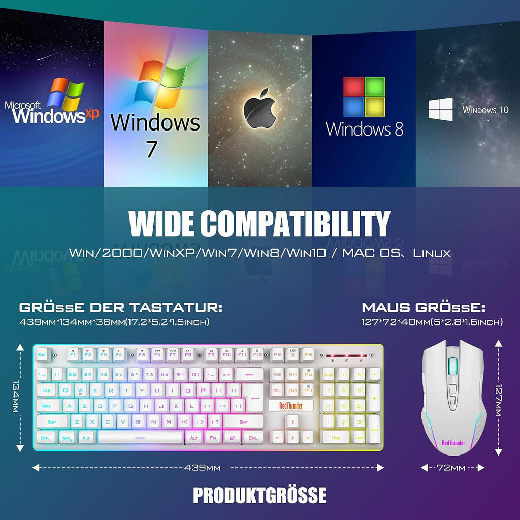 RedThunder K10 Kabelloses Gaming Tastatur und Maus Set, QWERTZ DE-Layout LED Hintergrundbeleuchtung, 3000mA Batteriekapazität und 3200 DPI für Gamer(Weiß)