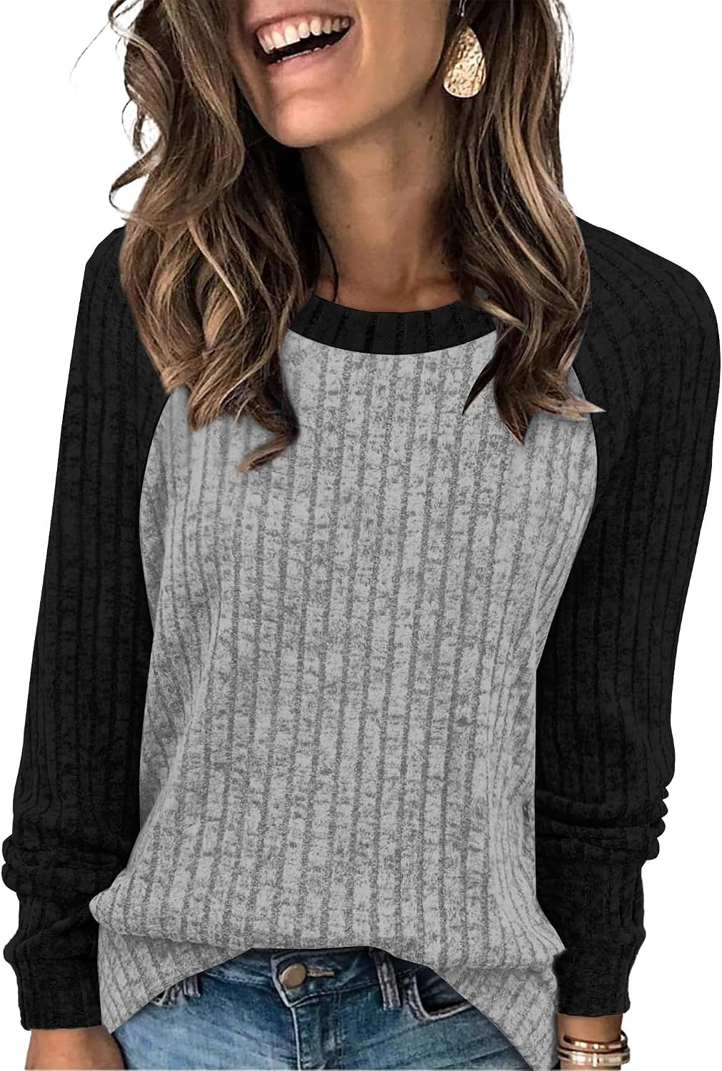 WIHOLL Langarmshirts für Damen Leichte Pullover Herbstoutfits 2026 Color-Block Winterkleidung Schick Lässig Weich