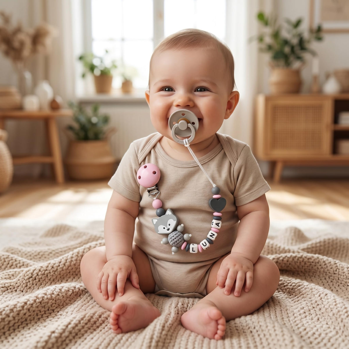 Schnullerband mit Namen für Mädchen & Jungen personalisierte Baby Geschenke (REH Herzchen)