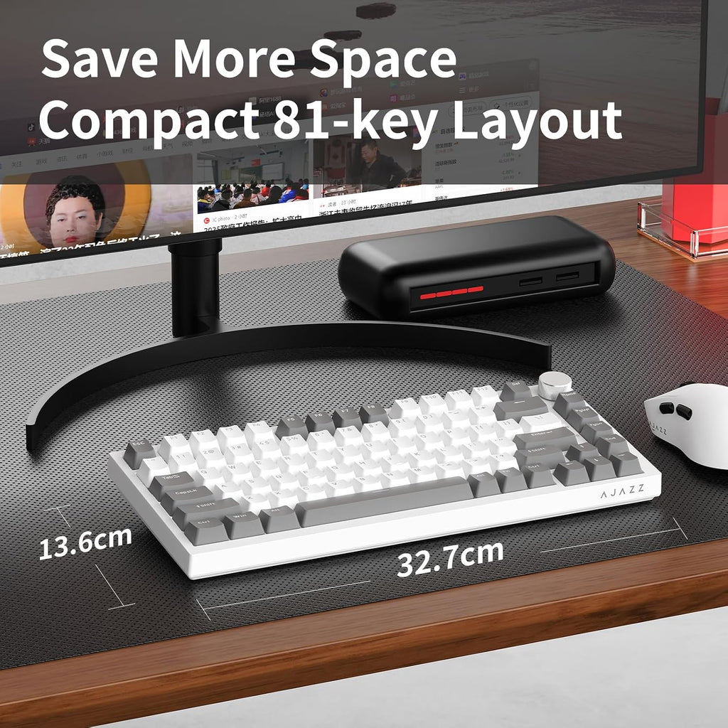 AJAZZ AK820 Mechanical Keyboard, 75% Hot Swappable Wired Keyboard with Volume Control Knob, QWERTY Layout, PBT Keycaps, Five-Layer Sound Insulation Pad, 82-Key Gaming Keyboard, Grey White