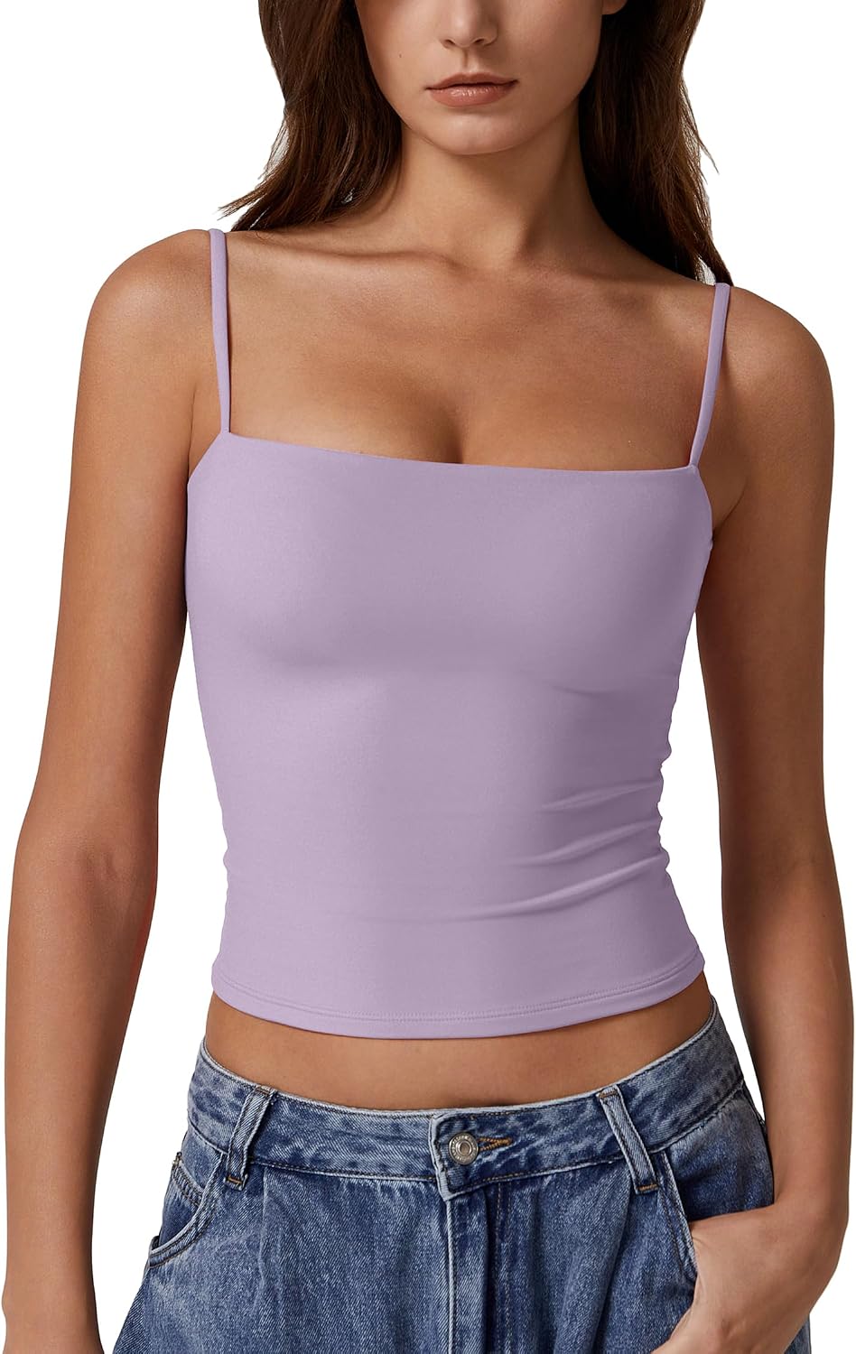QINSEN Women's Double Lined Basic Tank Top Adjustable Spaghetti Straps Sleeveless Camisole Shirts
