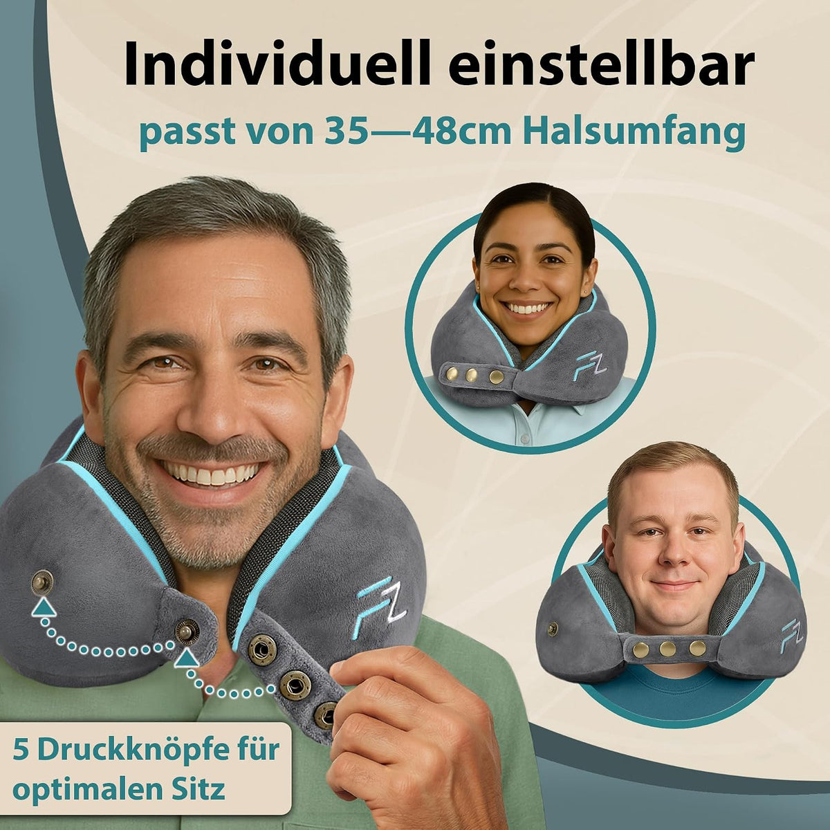 FLOWZOOM Comfy Nackenkissen Flugzeug & Auto mit Kapuze - Einstellbares Memory Foam Reisekissen mit Druckknöpfen für 360° Stütze, weicher Bezug - inkl. Transportbeutel - Grau
