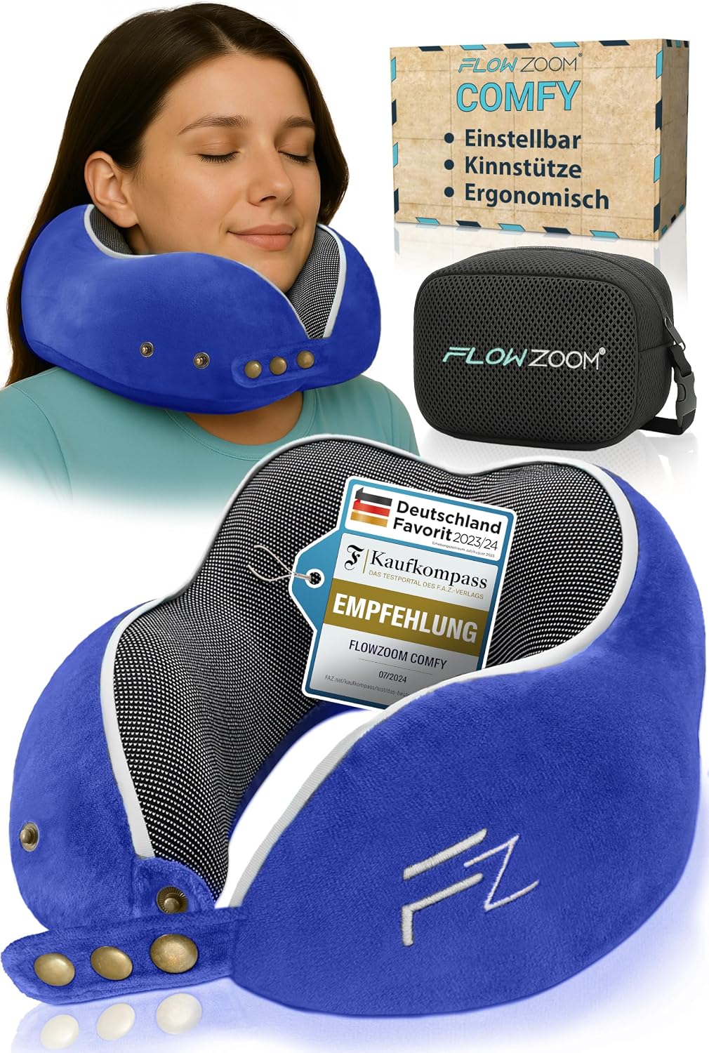 FLOWZOOM Comfy Nackenkissen Flugzeug & Auto mit Kapuze - Einstellbares Memory Foam Reisekissen mit Druckknöpfen für 360° Stütze, weicher Bezug - inkl. Transportbeutel - Grau