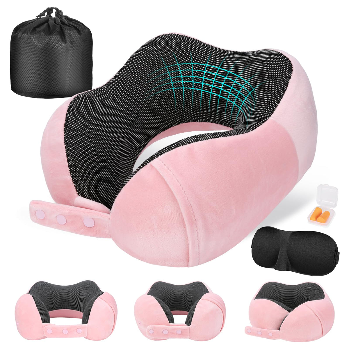Cirorld Travel Pillow for Airplane, Neck Pillow for Travel, Memory Foam Travel Neck Pillow for Adults, Adjustable & Compact Flight Pillow, Ergonomic Neck Cushion, With Ear Plugs, Eye Mask, Carry Bag