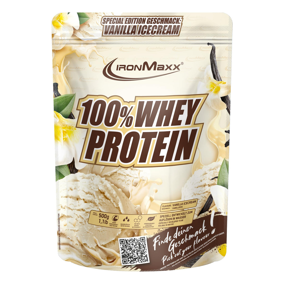 IronMaxx 100% Whey Protein Pulver - French Vanilla 500g Beutel | zuckerreduziertes, wasserlösliches Eiweißpulver aus Molkenprotein | viele verschiedene Geschmacksrichtungen