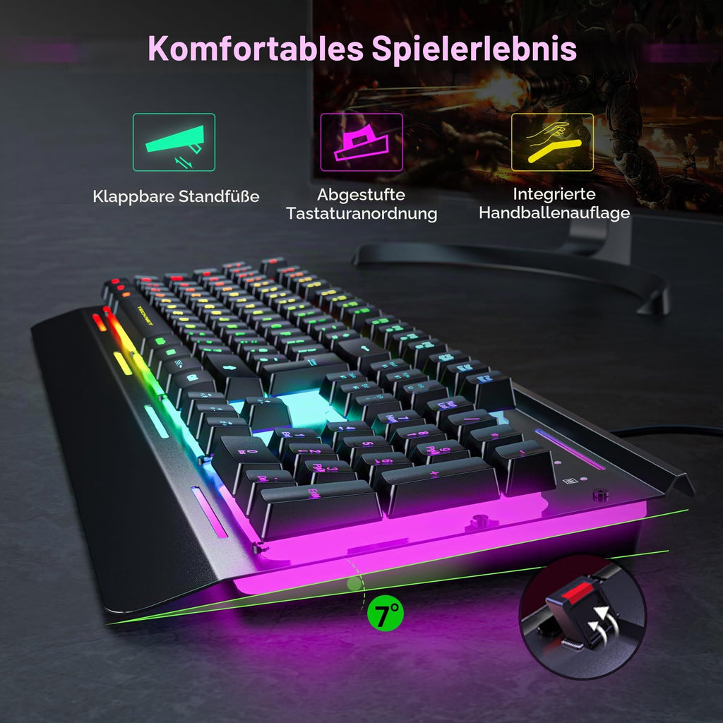 TECKNET Gaming Tastatur 105 Tasten Membrantastatur mit Vollmetall-Gehäuse