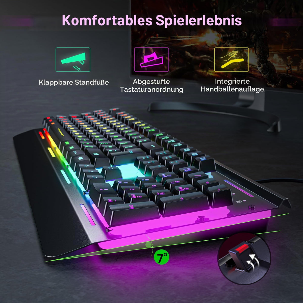 TECKNET Gaming Tastatur 105 Tasten Membrantastatur mit Vollmetall-Gehäuse
