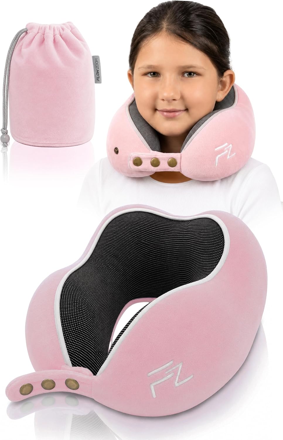 FLOWZOOM Comfy Nackenkissen Flugzeug & Auto mit Kapuze - Einstellbares Memory Foam Reisekissen mit Druckknöpfen für 360° Stütze, weicher Bezug - inkl. Transportbeutel - Grau