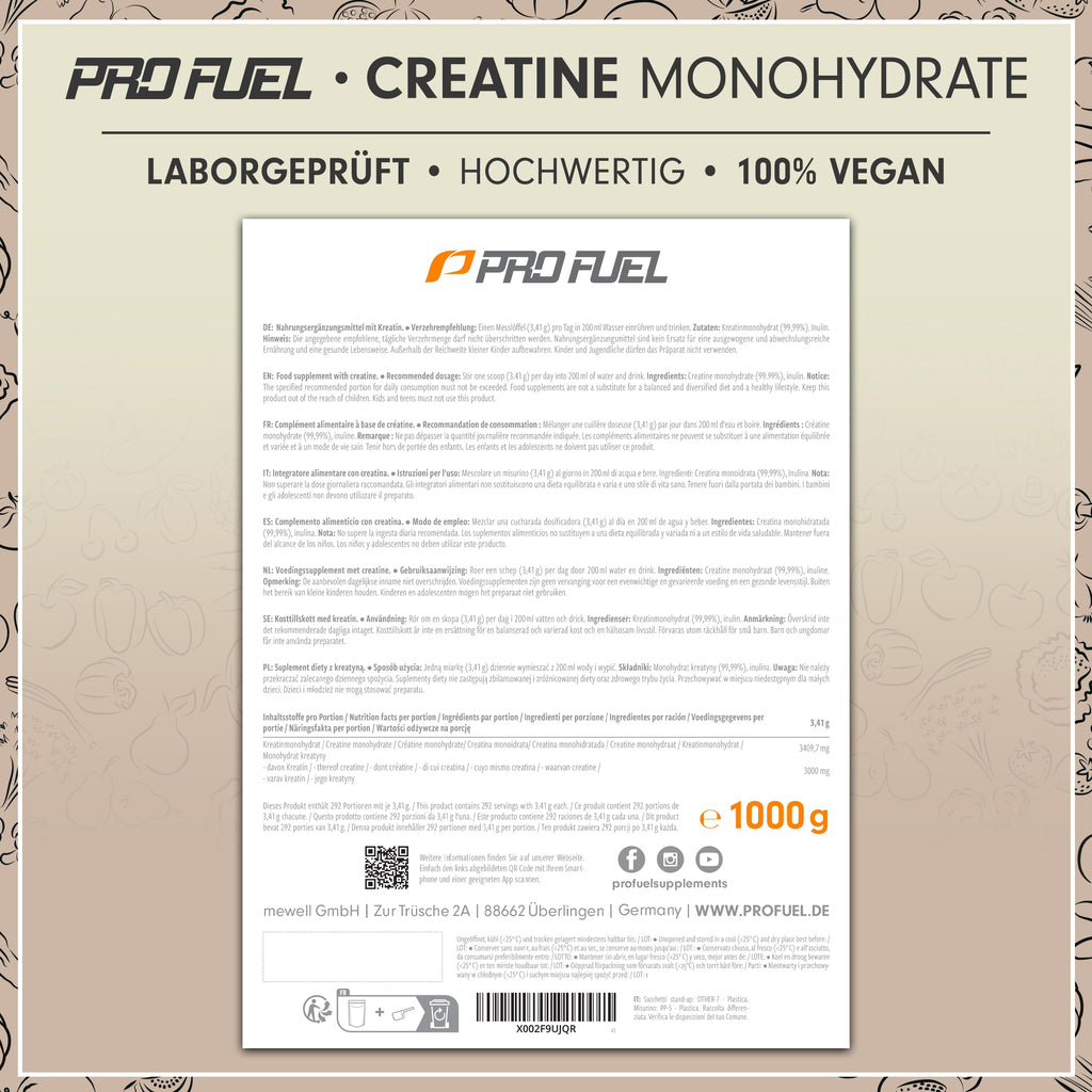 Creatin Monohydrat Pulver 1kg / 1000g reines Kreatin Monohydrat in mikronisierter Qualität - Creatine-Monohydrate mit 3000 mg Creatine pro Tag - Creatin-Pulver 100% vegan - Vorrat für 292 Tage