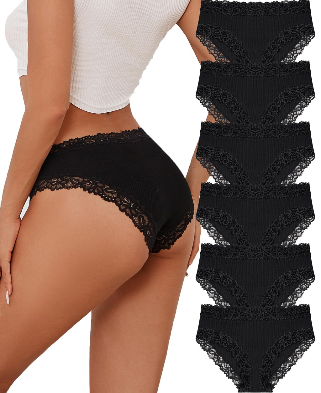 ALL OF SHE 6er-Pack Damen-Unterwäsche aus Baumwolle, Slips mit Spitze, weiche Hipster, sexy Unterhosen im Multipack