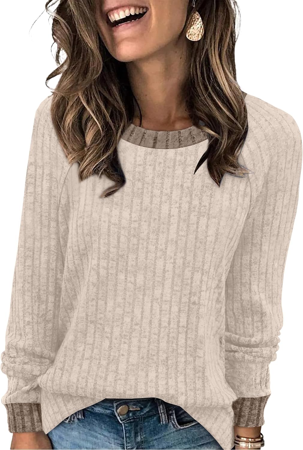 WIHOLL Langarmshirts für Damen Leichte Pullover Herbstoutfits 2026 Color-Block Winterkleidung Schick Lässig Weich