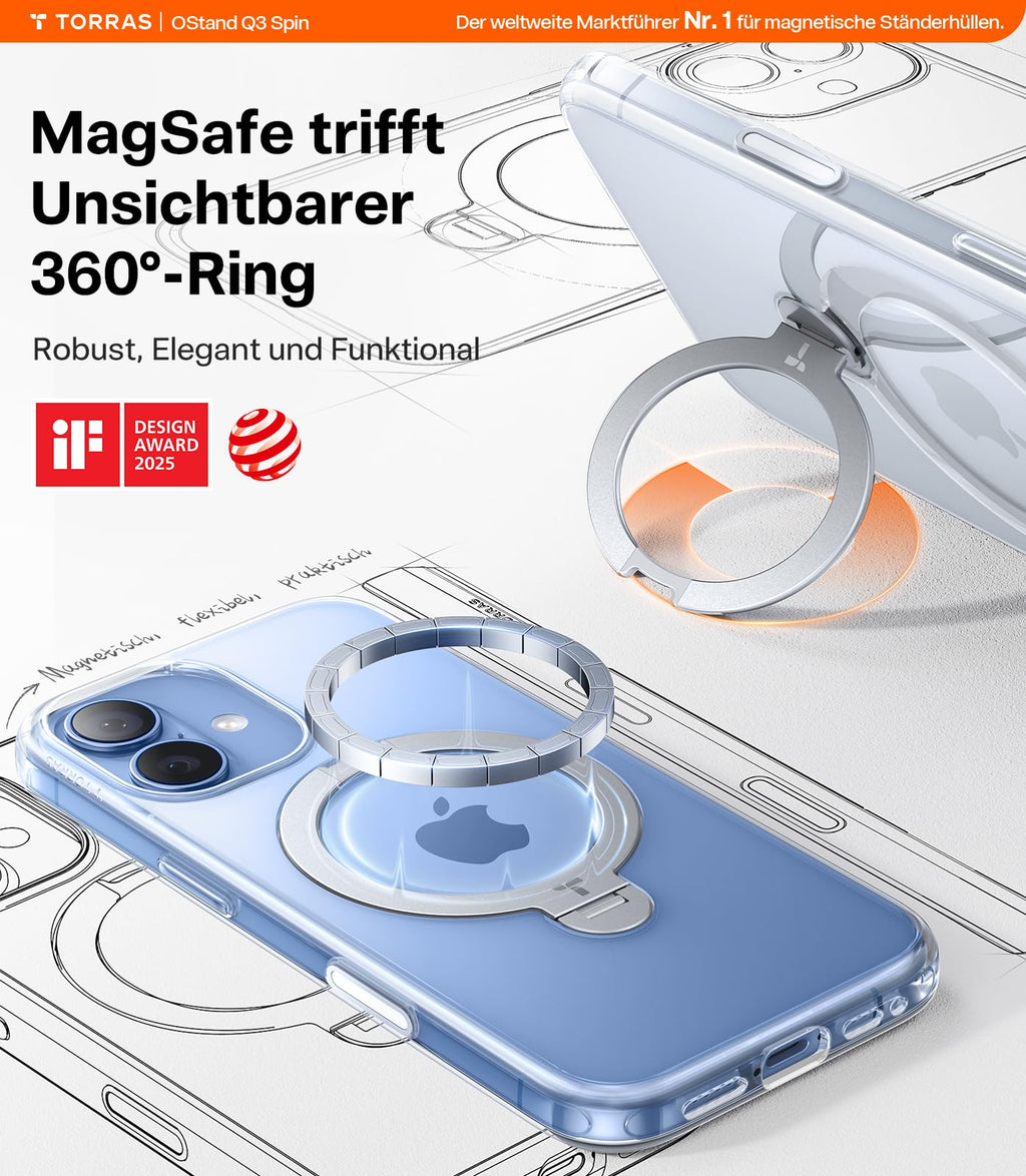 TORRAS Ostand Q3 Spin für iPhone 18 Pro Hülle für MagSafe 360°Stand Schwarz