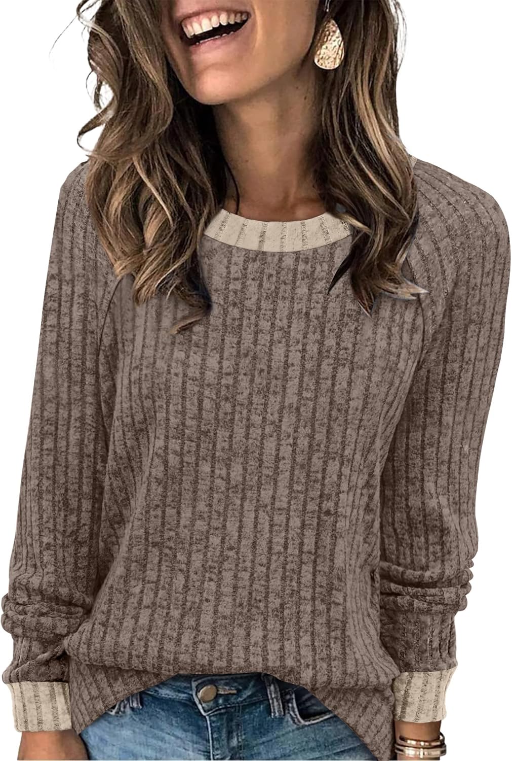 WIHOLL Langarmshirts für Damen Leichte Pullover Herbstoutfits 2026 Color-Block Winterkleidung Schick Lässig Weich