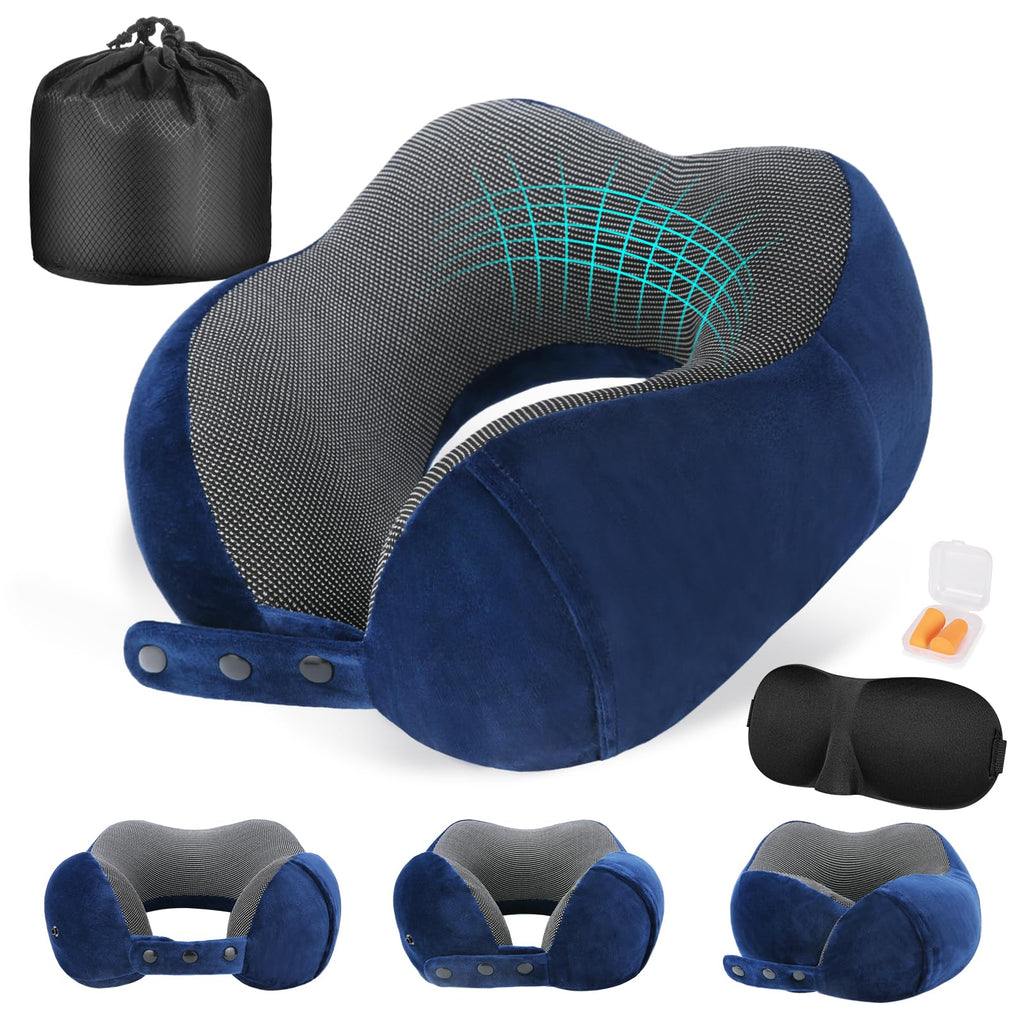 Cirorld Travel Pillow for Airplane, Neck Pillow for Travel, Memory Foam Travel Neck Pillow for Adults, Adjustable & Compact Flight Pillow, Ergonomic Neck Cushion, With Ear Plugs, Eye Mask, Carry Bag
