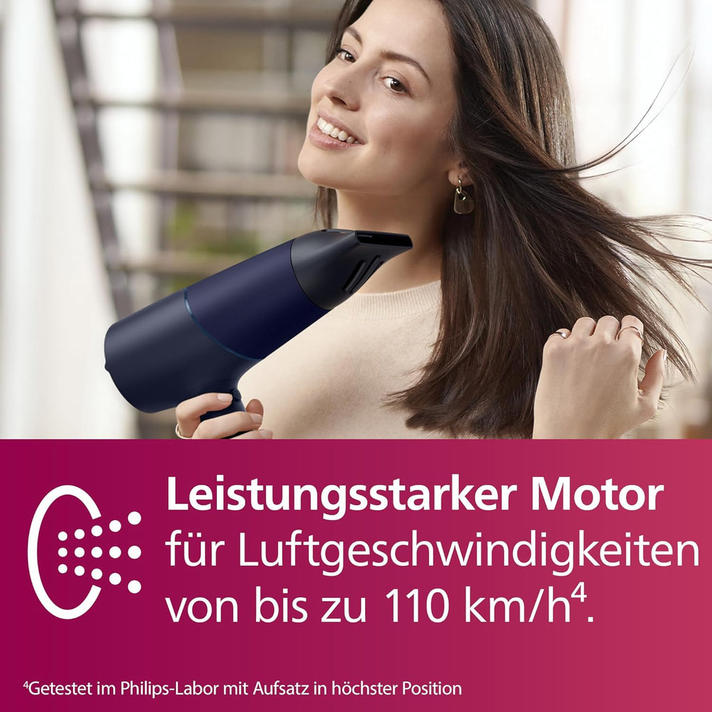 Philips Haartrockner 5000 Series, ThermoShield Technologie, Ionisierungsfunktion, 2.300 W, Metallic-Blau, mit 9-mm- und 11-mm-Stylingdüse, Volumendiffusor, BHD510/20