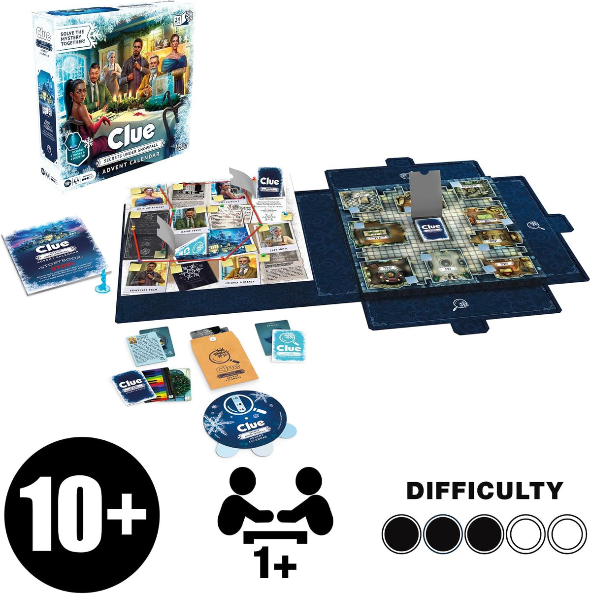Clue Advent Calendar: Secrets Under Snowfall | 24 Days | Family Mystery Games | with 6 Winter-Themed Tokens and Surprise | Ages 10+ | 1+ Players