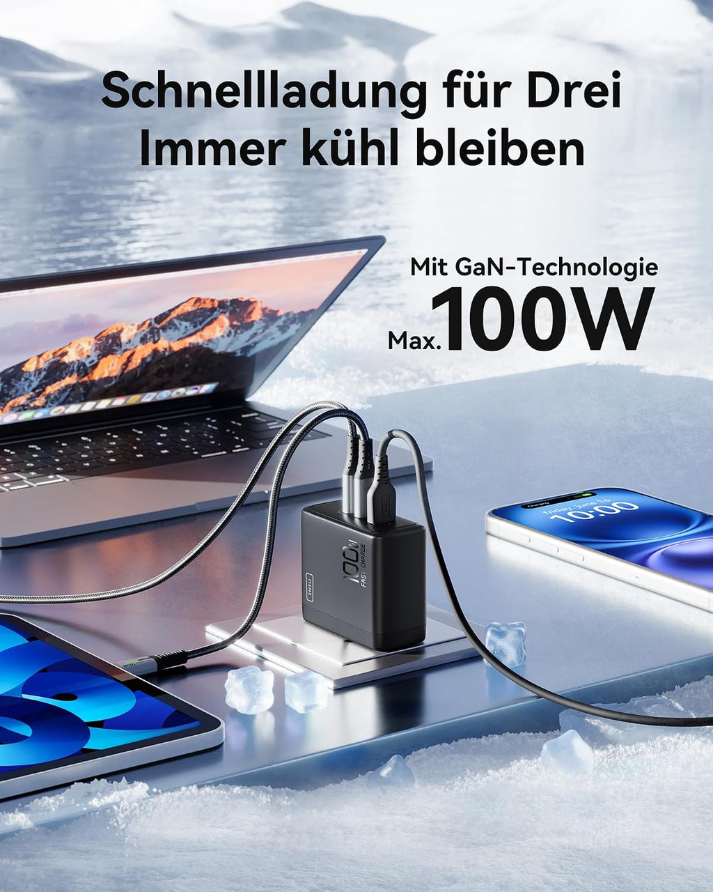 INIU USB C Ladegerät, 100W 3-Port Laptop Schnellladegerät mit 1.5m Kabel