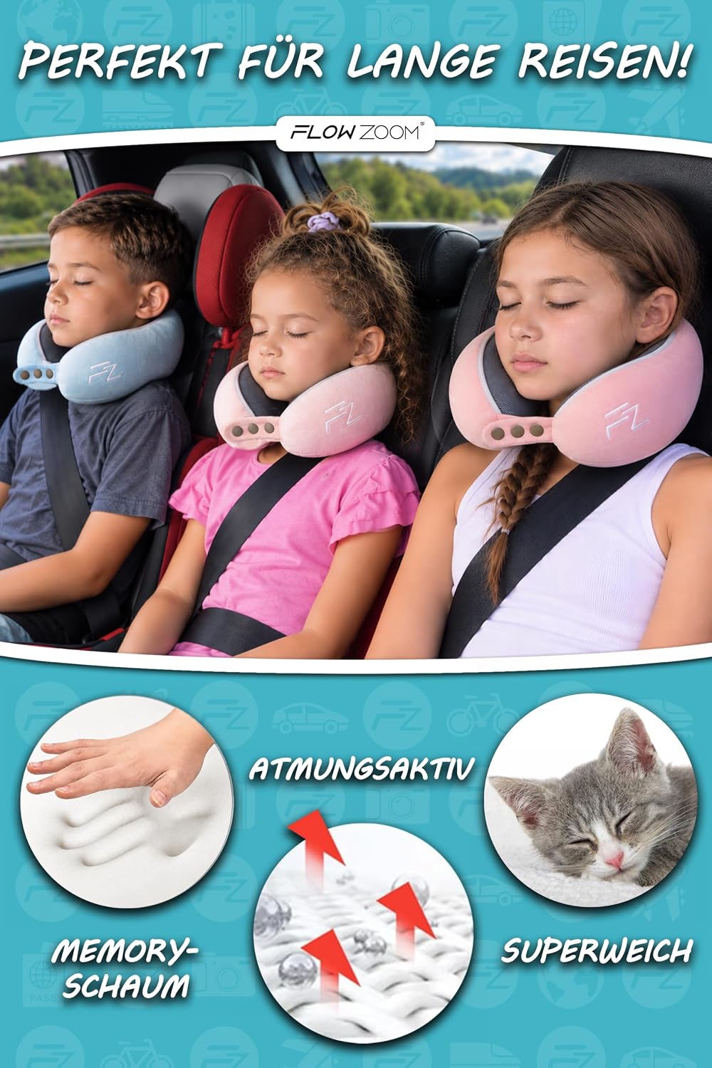 FLOWZOOM Comfy Nackenkissen Flugzeug & Auto mit Kapuze - Einstellbares Memory Foam Reisekissen mit Druckknöpfen für 360° Stütze, weicher Bezug - inkl. Transportbeutel - Grau