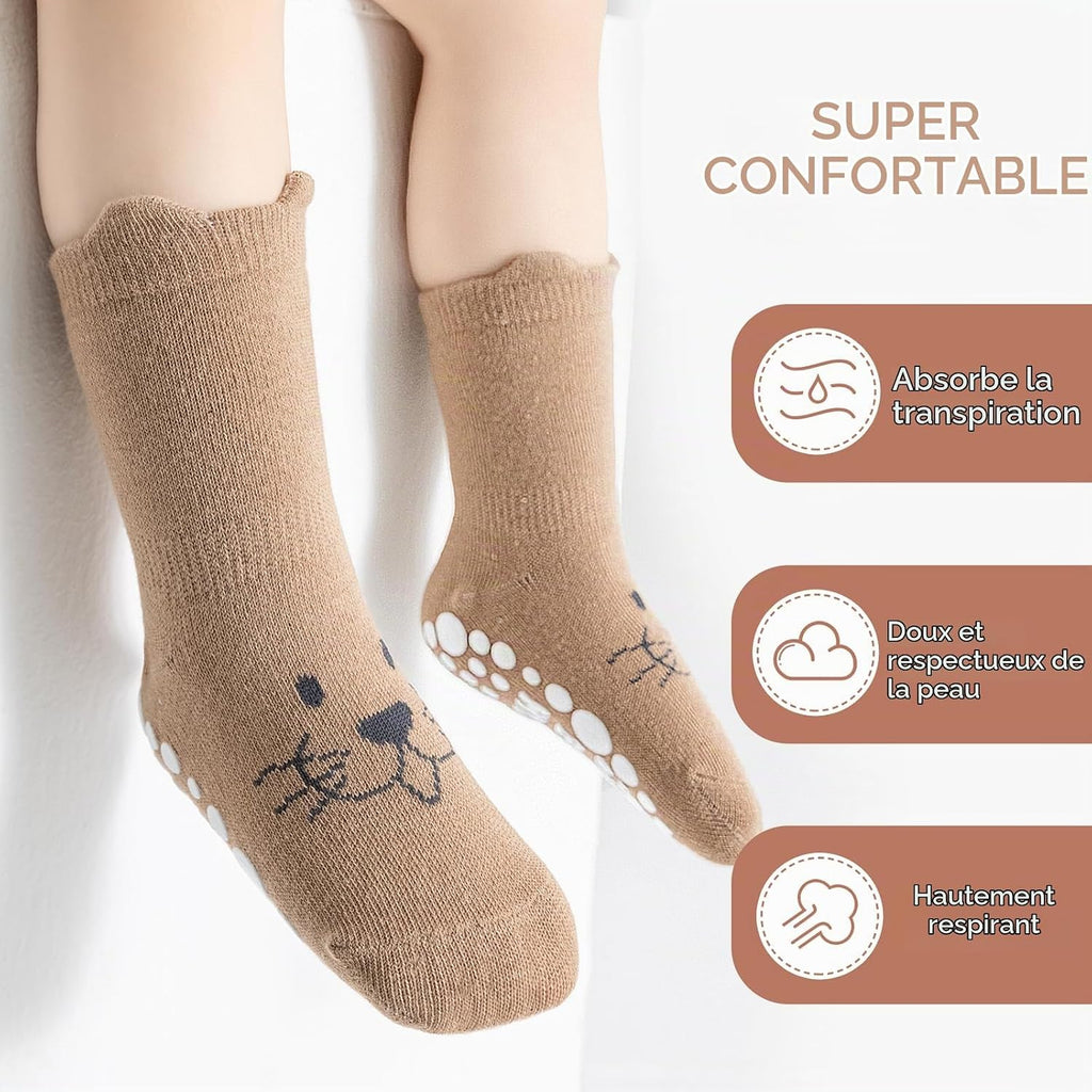 SockWaddles Chaussettes de bébé, 5 paires de chaussettes antidérapantes ABS respirantes pour enfants, chaussettes de bébé en coton, garçons et filles avec des animaux et des licornes