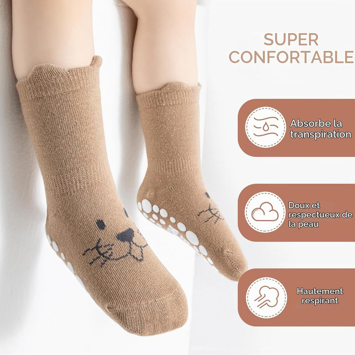 SockWaddles Chaussettes de bébé, 5 paires de chaussettes antidérapantes ABS respirantes pour enfants, chaussettes de bébé en coton, garçons et filles avec des animaux et des licornes