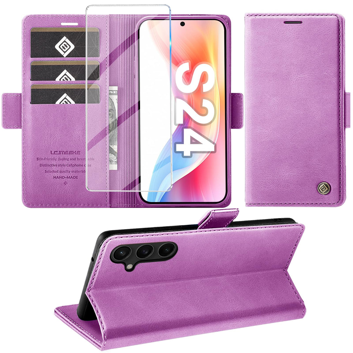 Giyer Handyhülle für Samsung Galaxy S24 5G Hülle mit Schutzfolie, Schutzhülle Galaxy S24 5G PU-Leder Wallet Flip Case Standfunktion Kartenfach Klapphülle für Samsung S24 5G Full Cover (Grün)