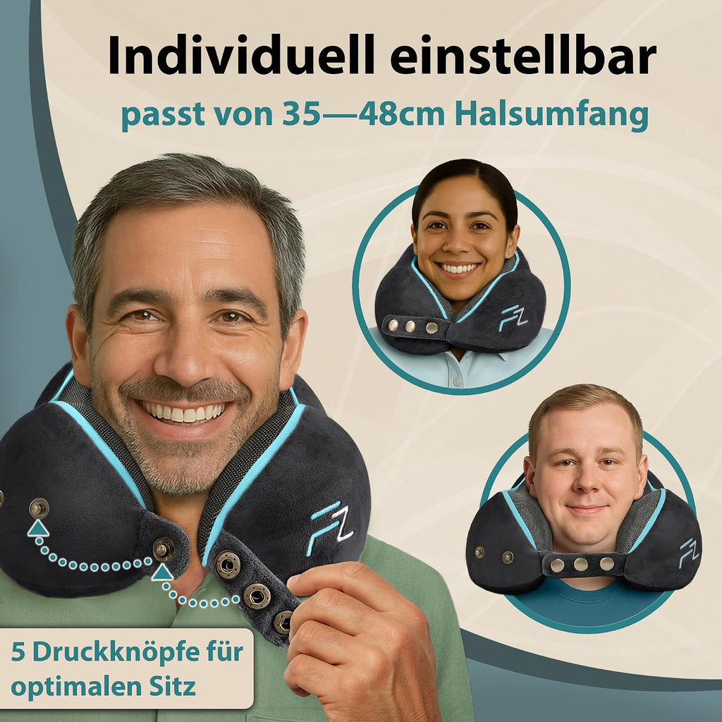FLOWZOOM Comfy Nackenkissen Flugzeug & Auto mit Kapuze - Einstellbares Memory Foam Reisekissen mit Druckknöpfen für 360° Stütze, weicher Bezug - inkl. Transportbeutel - Grau