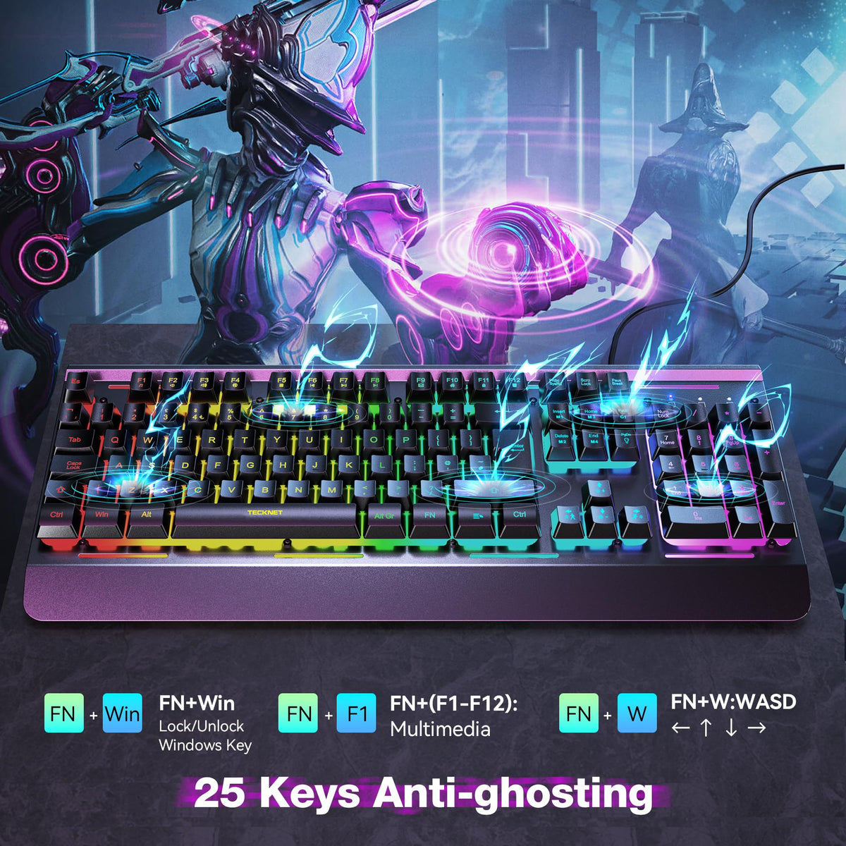 TECKNET Gaming Tastatur 105 Tasten Membrantastatur mit Vollmetall-Gehäuse