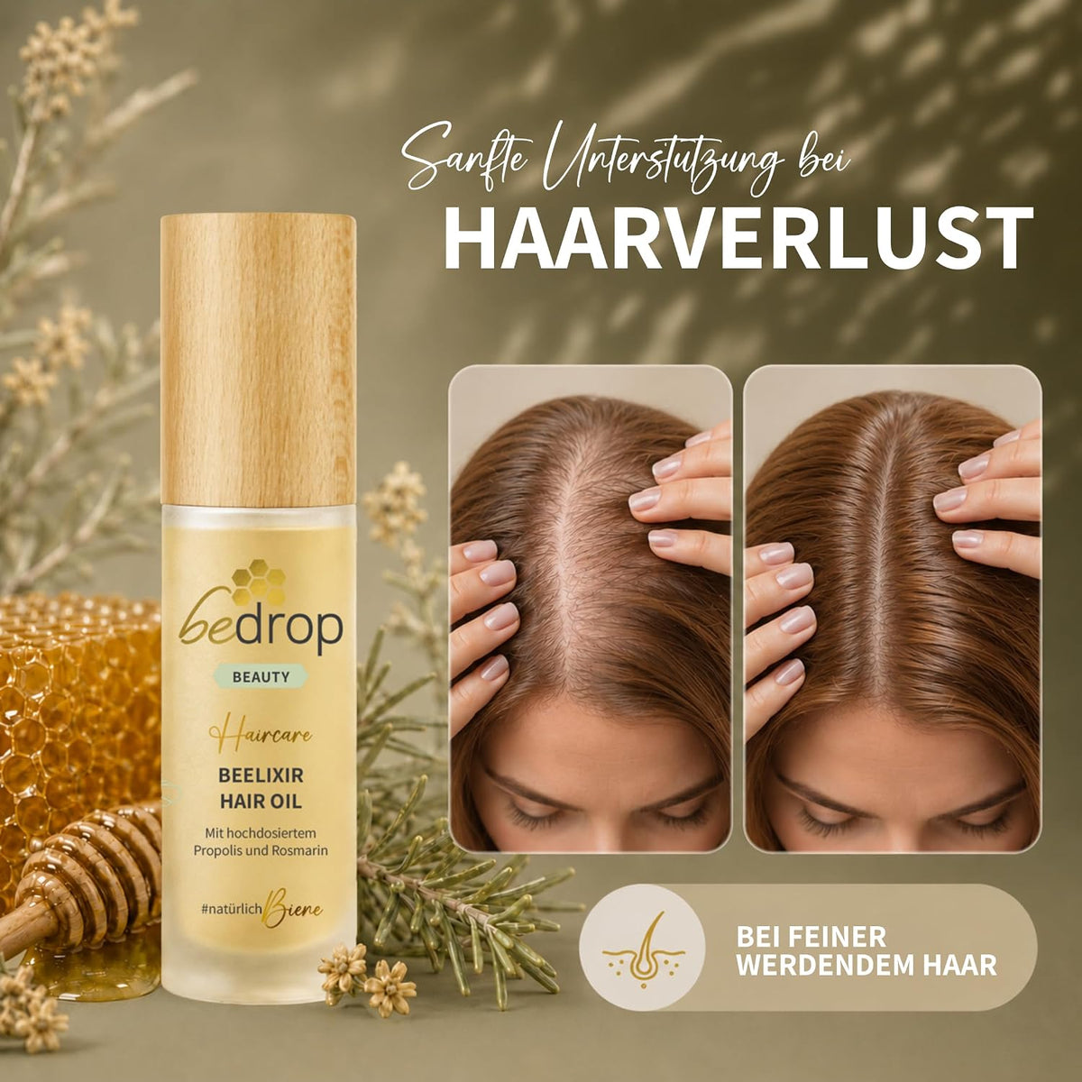 bedrop Beelixir Haaröl bei Haarausfall - Für Haarwachstum & als stärkende Pflege für Haare und Kopfhaut | mit Manuka Honig, Propolis, Rosmarin Extrakt - 30ml (3er Pack)