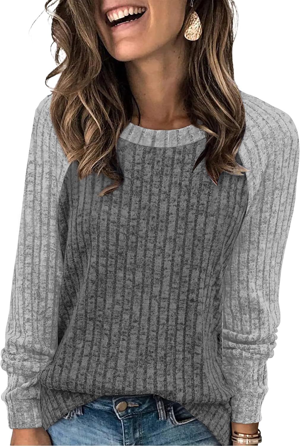 WIHOLL Langarmshirts für Damen Leichte Pullover Herbstoutfits 2026 Color-Block Winterkleidung Schick Lässig Weich