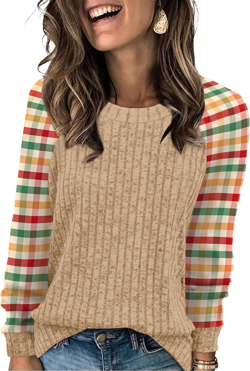 WIHOLL Langarmshirts für Damen Leichte Pullover Herbstoutfits 2026 Color-Block Winterkleidung Schick Lässig Weich