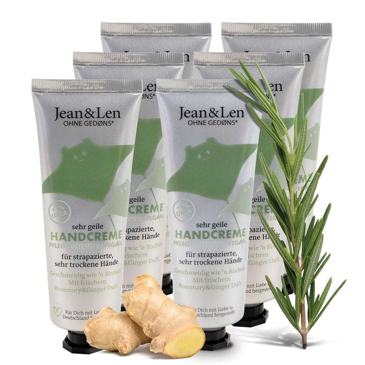 Jean & Len Sehr geile Handcreme Rosemary & Ginger, vegan, 6 x 75 ml
