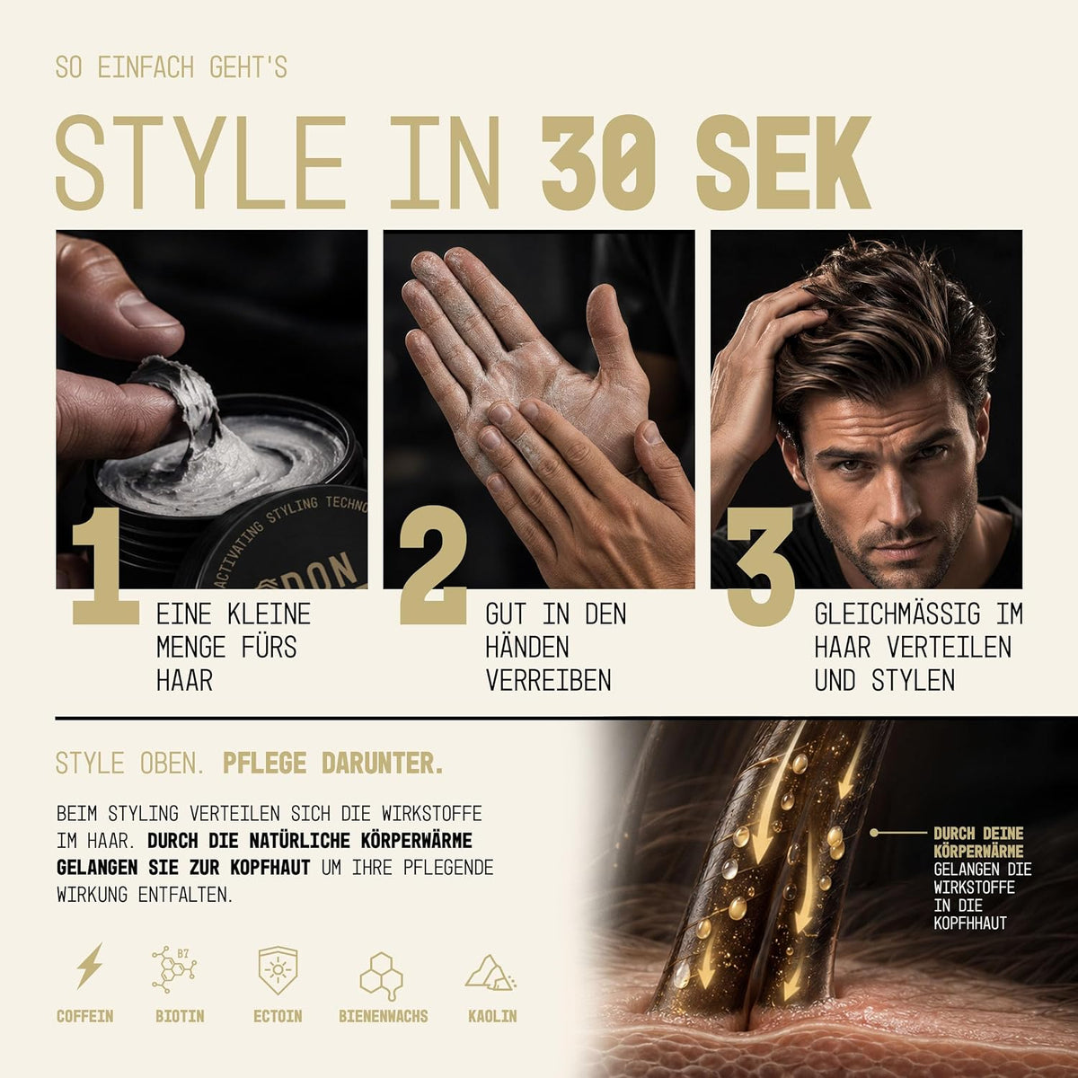 Don Quiff Energy Wax – Haarwachs für Männer aus Die Höhle der Löwen – starker matter Halt, Clay Pomade mit Coffein, Biotin & Ectoin, UVA/UVB-Filter – 80 ml – Made in Germany