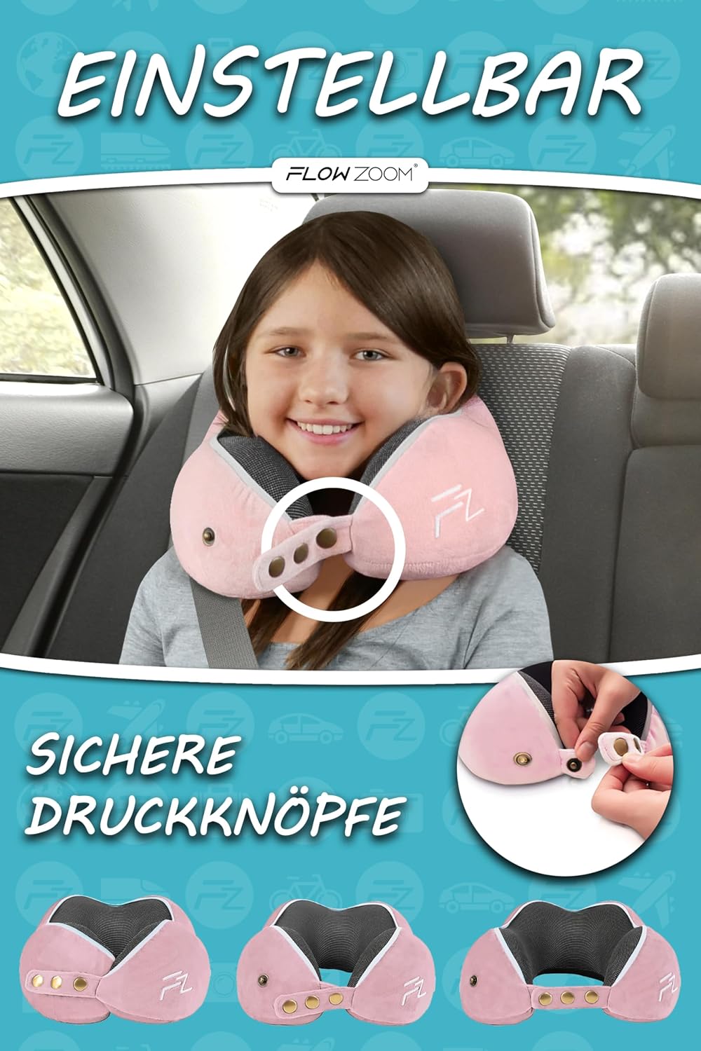 FLOWZOOM Comfy Nackenkissen Flugzeug & Auto mit Kapuze - Einstellbares Memory Foam Reisekissen mit Druckknöpfen für 360° Stütze, weicher Bezug - inkl. Transportbeutel - Grau